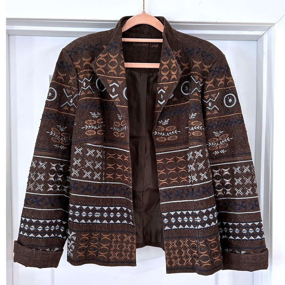 Coldwater Creek Brown Embroidered Beaded Tribal Blazer Jacket Womens 12 Boho Art